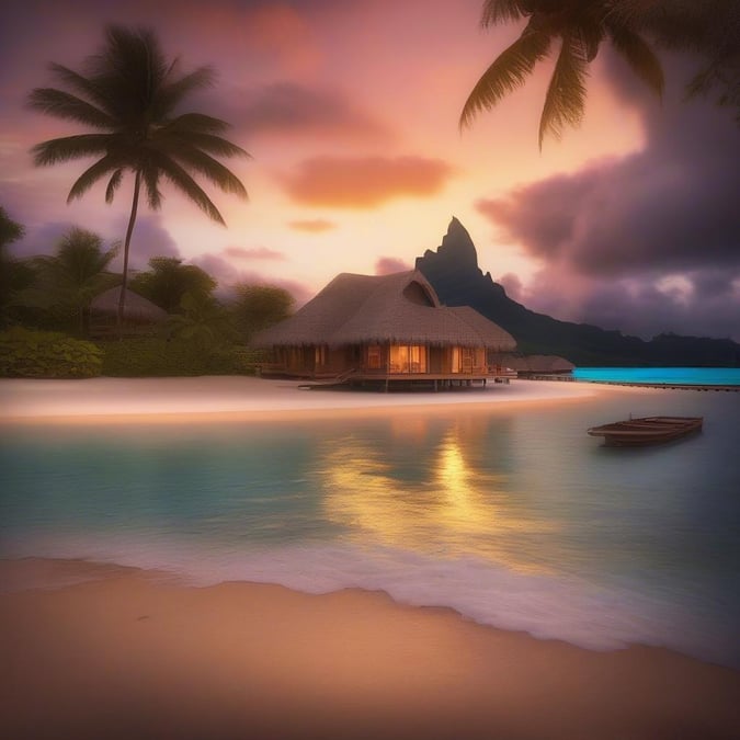 Escape to a tropical paradise with this stunning wallpaper, perfect for desktop and mobile use. The serene beach scene, complete with a thatched hut and palm trees, evokes feelings of relaxation and adventure.