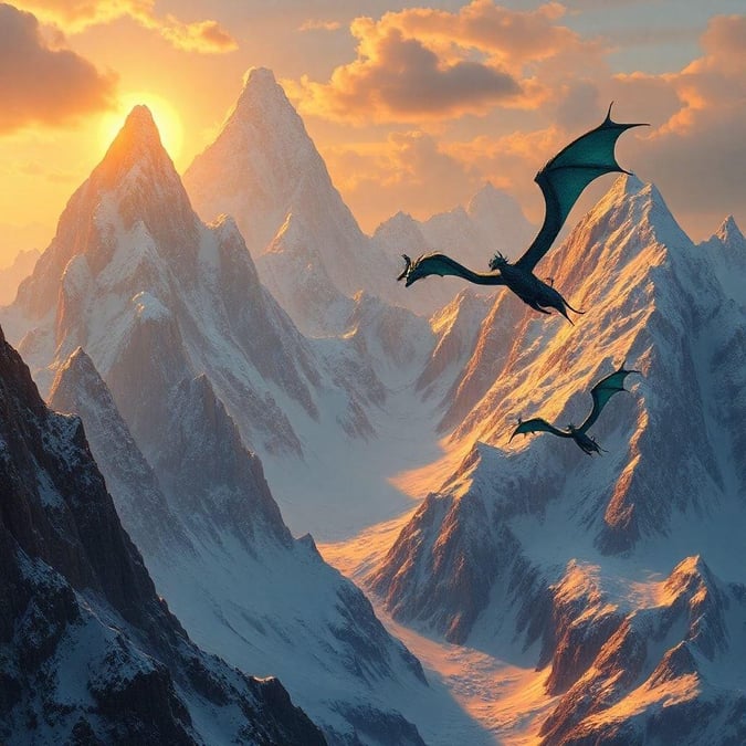 Experience the majesty of dragons soaring over snow-capped peaks, a breathtaking view from a fantasy realm.