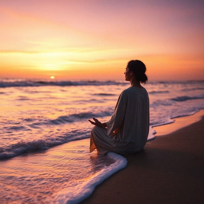 Woman meditating on the shore as the sun sets, creating a tranquil end to the day.