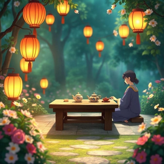 Immerse yourself in the tranquility of an anime-style tea ceremony, surrounded by the soft glow of lanterns and the vibrant beauty of flowers.