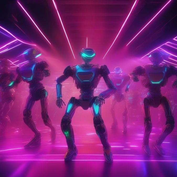 A vibrant dance floor scene featuring futuristic robot dancers. The synthetic energy of the robots is palpable against the neon lights and pulsating music.