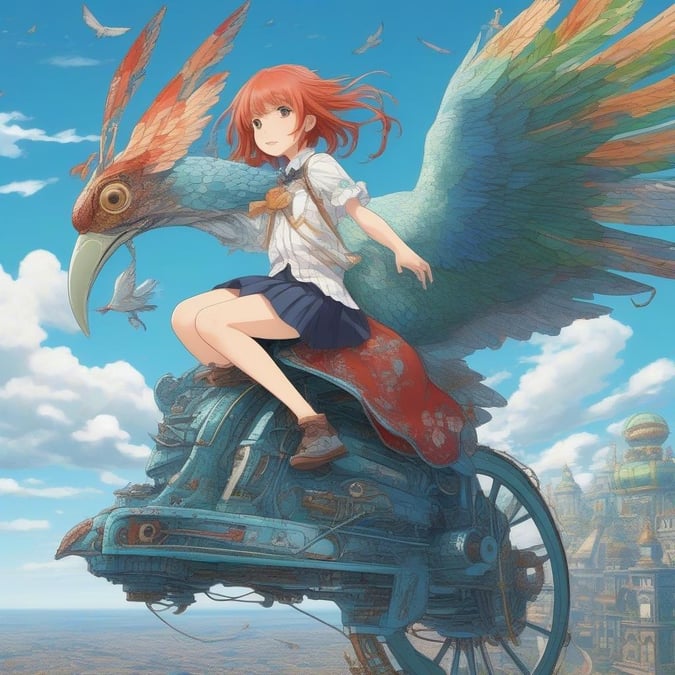 An animated scene where a schoolgirl merges with her mechanical bird companion to soar through the skies.