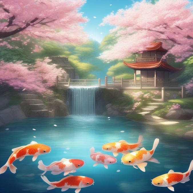 Un jardin japonais tranquille, avec des cerisiers en fleurs et des poissons koi dans un étang serein avec une petite cascade. L'image a un style d'illustration numérique détaillé qui lui donne une qualité semblable à celle de l'anime.