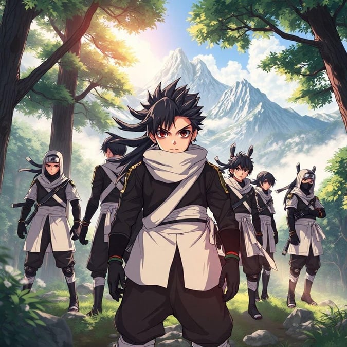 Step into the world of stealth and adventure with this captivating anime wallpaper, featuring a group of young ninja warriors in a mountainous forest.