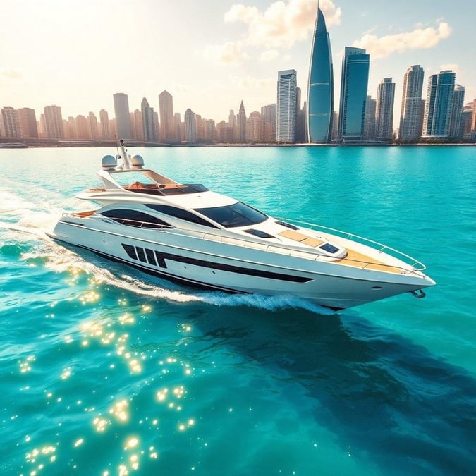 Experience the ultimate in marine luxury with this white yacht cutting through crystal blue waters, backed by a stunning city skyline.