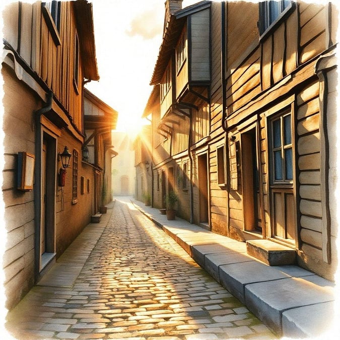 A quaint cobblestone street with picturesque buildings under the soft glow of a sunset.