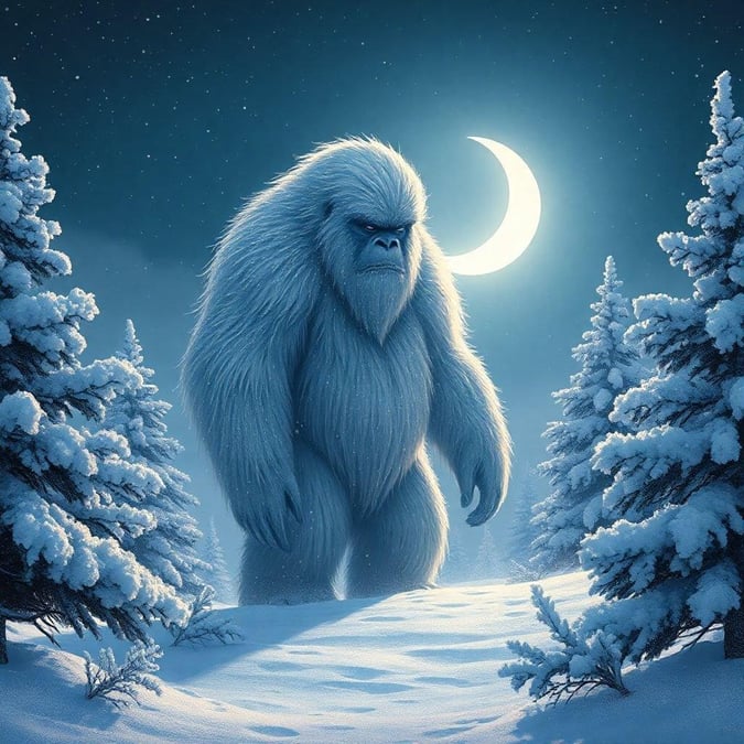 A serene winter scene featuring a Yeti standing in a snowy landscape, surrounded by a starry night sky and tall, slender trees.