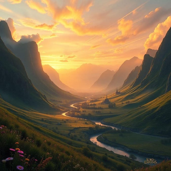 A majestic valley unfolds as the sun rises, casting a warm glow over the green landscape and clear river. A small village nestles in the background under the watchful gaze of towering mountains.