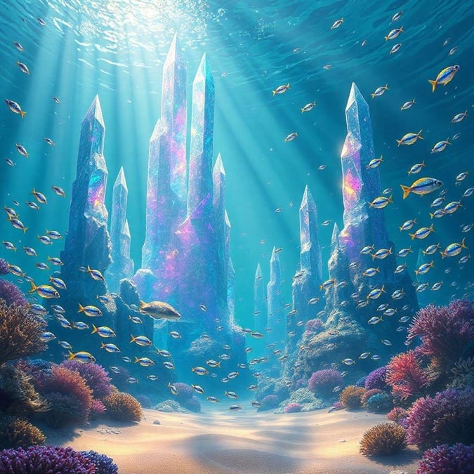 Dive into an ethereal oceanic adventure, where tall towering formations rise majestically from the depths. This digital artwork showcases a vibrant underwater world with sunlit caverns and coral gardens teeming with colorful marine life.