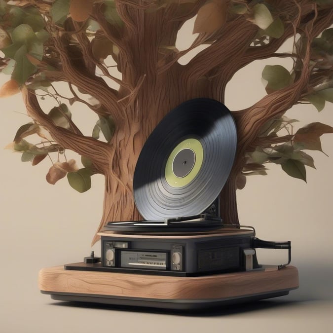 This wallpaper features a vinyl record nestled in the trunk of a tree, creating a unique and harmonious blend of music and nature.