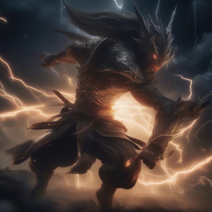 Majestic fantasy warrior wielding lightning bolts, embodying power and mythical strength.