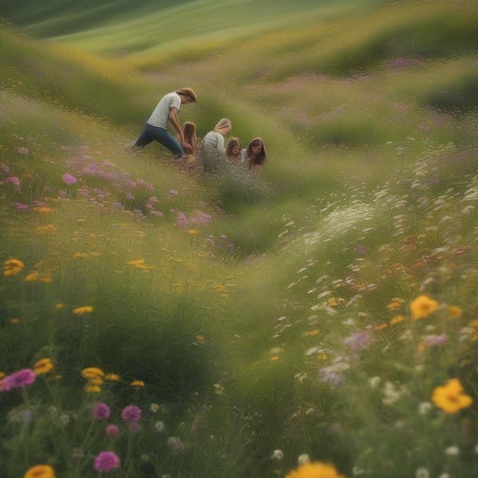 A group of people enjoying a sunny day in a field of wildflowers.