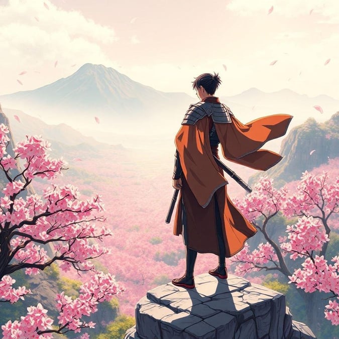 Dieses atemberaubende Anime-Hintergrundbild zeigt einen jungen Samurai, der auf einer Klippe steht und auf ein atemberaubendes rosa Tal voller Kirschblütenbäume blickt. Die Szene wird mit lebendigen Farben und dem ausdrucksvollen Gesicht und den Armen des Samurai zum Leben erweckt, was ein Gefühl von Bewegung einfängt. Die nebligen Berge im Hintergrund verleihen der ruhigen und friedlichen Szene Tiefe.