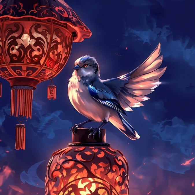 A detailed digital illustration of a tranquil moment with a blue background, featuring an exquisite bird perched atop a carved lantern, showcasing its fine feather textures and the intricate designs of the lantern.