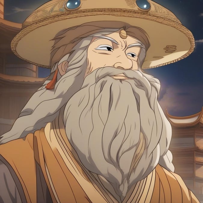 A close-up of an animated wise sage character from a Japanese anime, exuding wisdom and calmness.