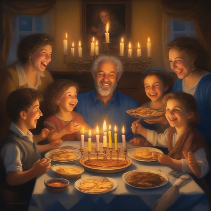 Celebrate the Festival of Lights with this beautiful Hanukkah wallpaper. The image depicts a joyful family gathering around a table, surrounded by traditional Hanukkah foods and decorations. The warm lighting and festive atmosphere evoke a sense of happiness and togetherness, making this wallpaper perfect for anyone looking to add a touch of Hanukkah spirit to their digital space.