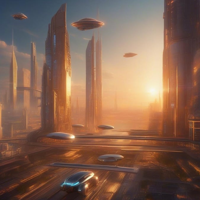 As the sun sets, the futuristic city comes alive with high-tech vehicles cruising through streets that lead to towering skyscrapers. The scene is bathed in a golden glow, enhancing the metallic sheen of the structures and the sleek design of the transportation. Alien spacecraft grace the sky above, adding an element of otherworldly wonder to this urban landscape.