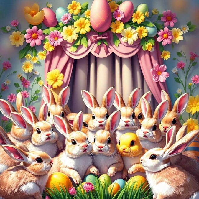 Welcome spring with this delightful Easter wallpaper featuring an adorable group of bunnies gathered around a basket filled with colorful Easter eggs.