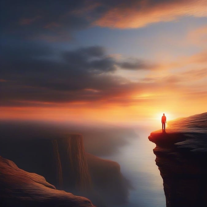 A person standing at the edge of a cliff, overlooking an otherworldly desert landscape with vast canyons during a dramatic sunset. The image is a digital artwork celebrating a new year's dawn in a surreal and serene setting.