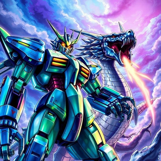 Get ready for an epic battle with this anime wallpaper featuring a futuristic robot and a fierce dragon. The robot's armor shines in a kaleidoscope of blue and green, while its yellow eyes add a touch of futuristic flair. The dragon's sleek body and sharp claws are highlighted by the robot's intense gaze, set against a dramatic sky that hints at an impending showdown.