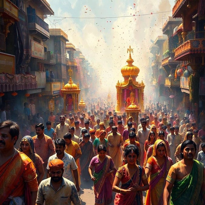 People gather to celebrate at the heart of their community. A vibrant festival in an Indian city, with colorful decorations and joyous crowds.