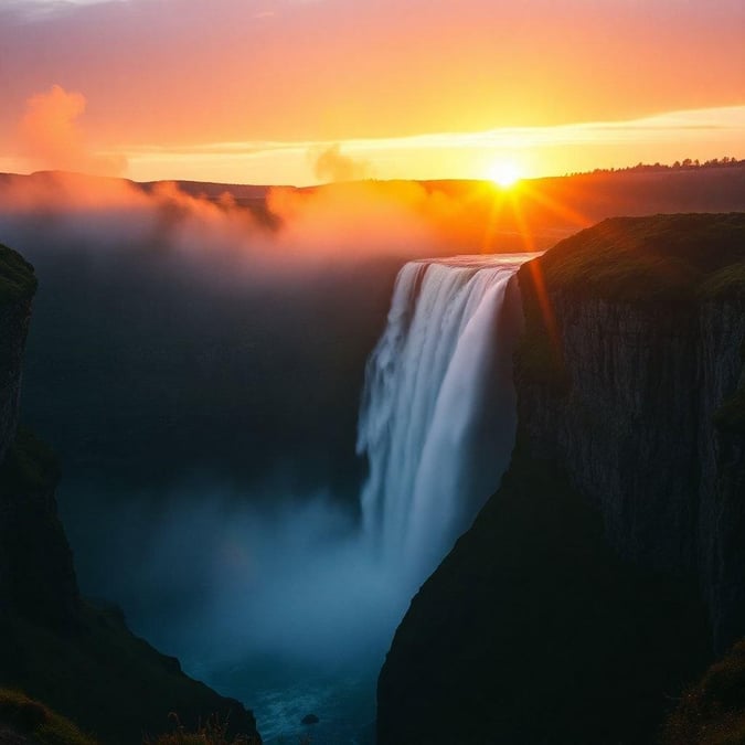 A serene view of a waterfall during the golden hour as the sun dips below the horizon.