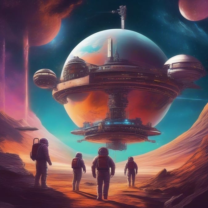 In this artistic depiction, astronauts venture into the vast cosmos to explore the unknown. They stand on a barren desert landscape, gazing up at an alien spacecraft that hovers above them in the star-studded sky. The artwork captures the wonder and mystery of deep space exploration.