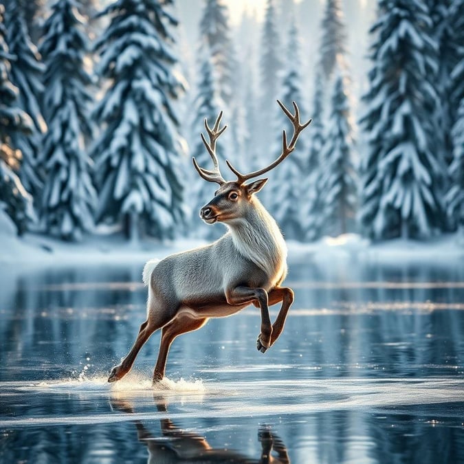 A majestic reindeer, perhaps the legendary Christmas spirit guide, captured in a serene winter scene.