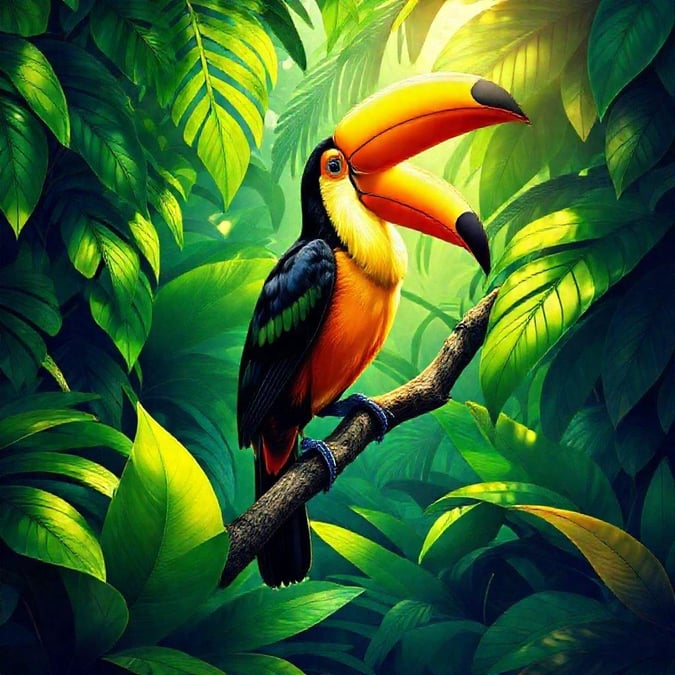 Feel the warmth of a jungle escape with this vibrant toucan perched on a branch, surrounded by lush greenery.