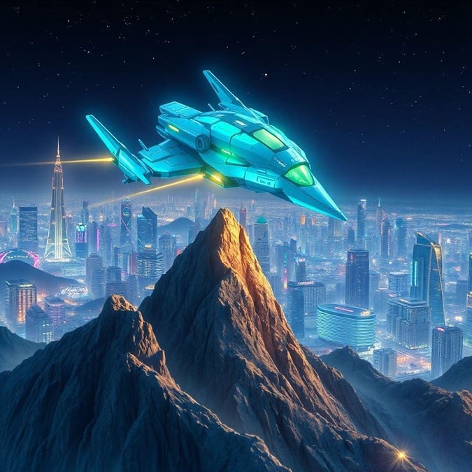 Experience the thrill of a futuristic mecha soaring through the night sky, set against the backdrop of a vibrant cityscape and a majestic mountain.