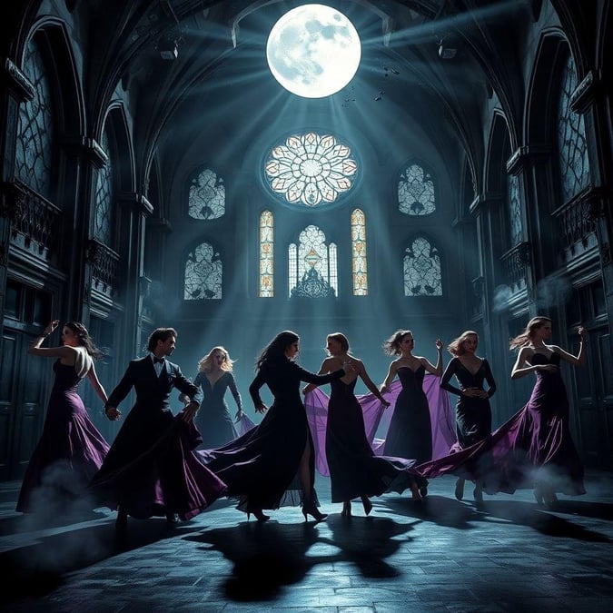 A group of elegant vampires, led by a charismatic vampire lord, perform an ancient dance in a grand cathedral under the full moon.