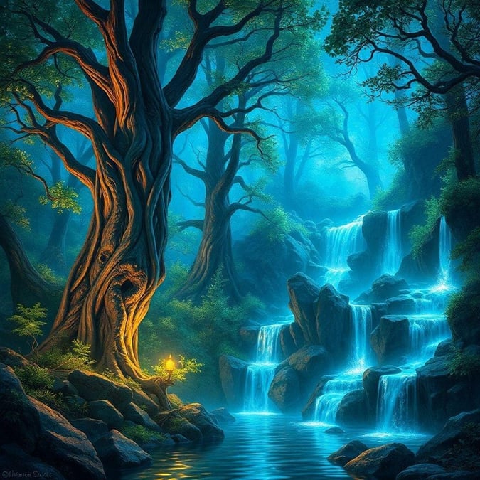 This captivating digital artwork transports viewers to a serene and enchanting forest oasis, where the interplay of light and shadow creates a sense of wonder and awe.