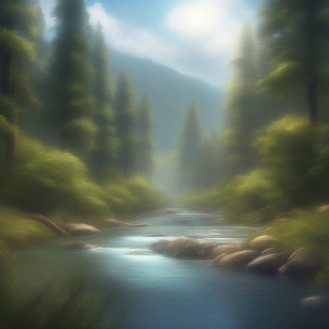 A peaceful forest scene with a calm river meandering through the heart of nature.