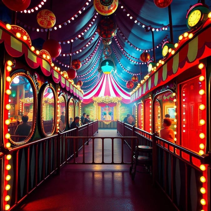 Step into the colorful world of a carnival with this enchanting wallpaper. Walk through an illuminated tunnel adorned with cheerful lights and decorations, leading to a magical carousel at the end.