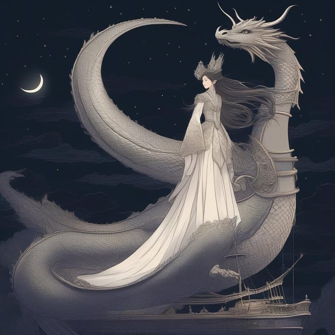 Un majestueux navire en forme de dragon fend le ciel nocturne, avec une femme royale se tenant à sa proue. Sa tenue élégante contraste avec l'arrière-plan sombre, ajoutant à l'atmosphère magique de cette illustration numérique richement détaillée.