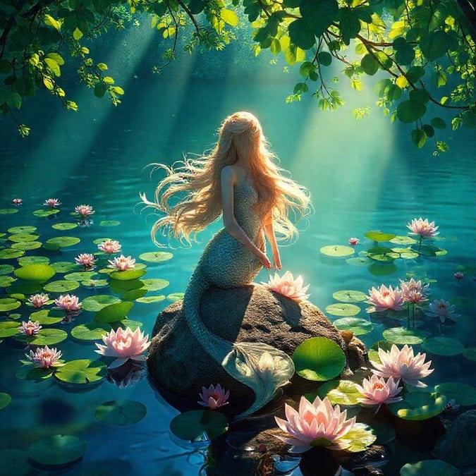 A fairytale mermaid sitting atop a boulder, watching the sun rise through lily pad ponds with tranquil beauty.