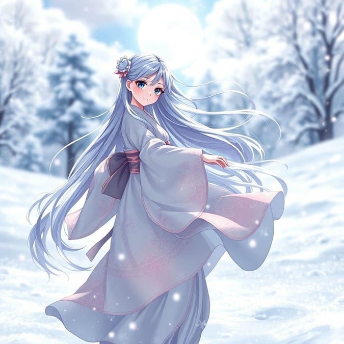 Eine schöne Anime-Illustration einer Yuki-Onna, die anmutig in einer verschneiten Landschaft tanzt, ihr Haar fließt wie Wasserfälle. Die Kunst fängt die ruhige und ätherische Natur dieses Wintergeistes ein, vor dem Hintergrund von schneebedeckten Bäumen.