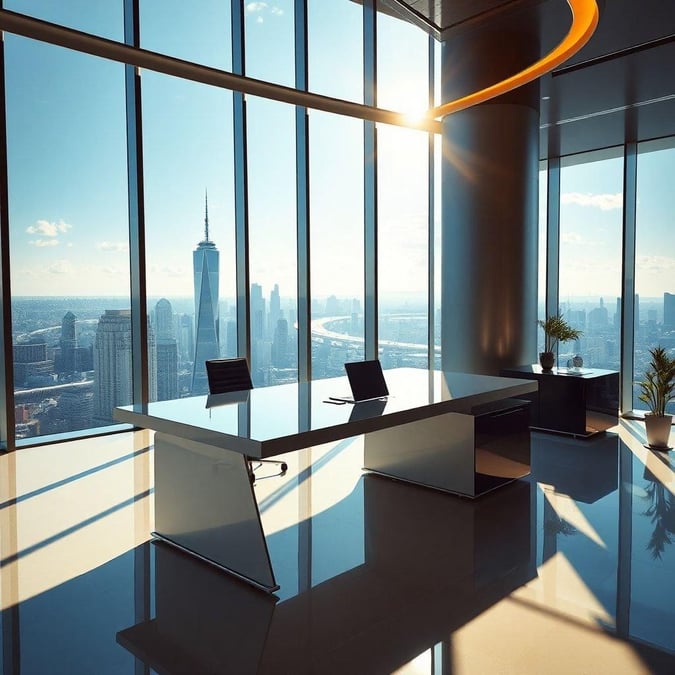 This modern office space boasts a sleek and contemporary design, perfect for productivity and inspiration. The large windows offer breathtaking views of the city, creating a sense of connection to the urban landscape.