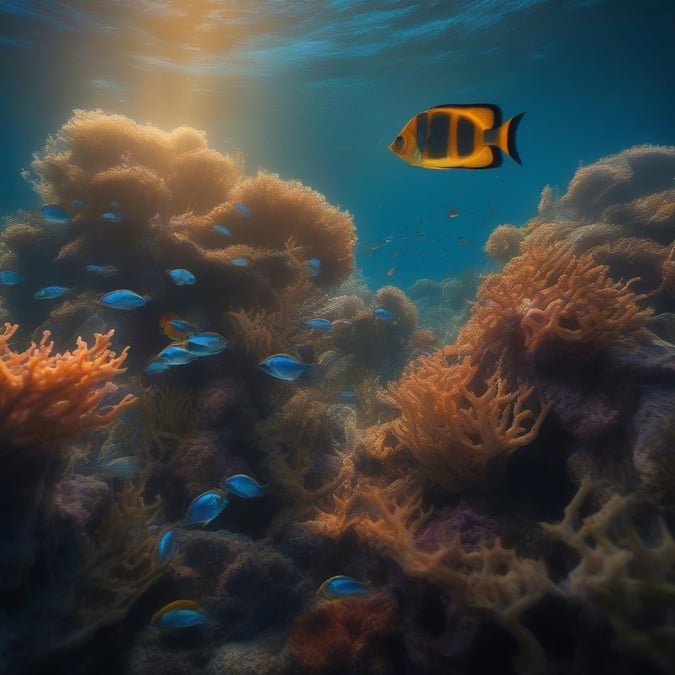 This captivating underwater scene features vibrant coral formations, a playful clownfish among the tropical fish population, and an ethereal ray of sunlight piercing through the depths, creating an atmosphere that embodies the warmth and joy of Hanukkah.