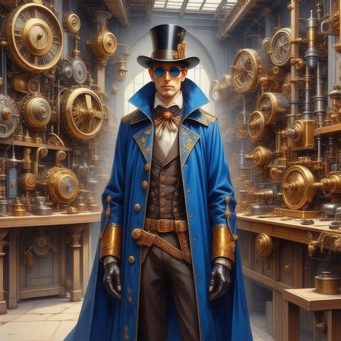 This image captures the essence of steampunk style, featuring an inventor clad in a vibrant blue and gold cloak standing amidst intricate clockwork machines. The detailed background blurs into obscurity, focusing attention on the precise machinery that is the heart of this scene.