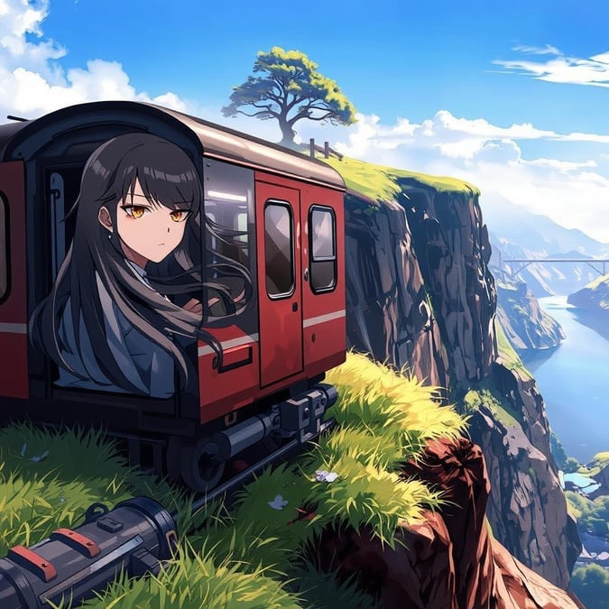 Embark on an epic journey with this young girl as she explores breathtaking landscapes from the cozy comfort of her train. The stunning scenery features lush green hills, a serene lake nestled amidst towering trees, and a majestic bridge soaring high above.