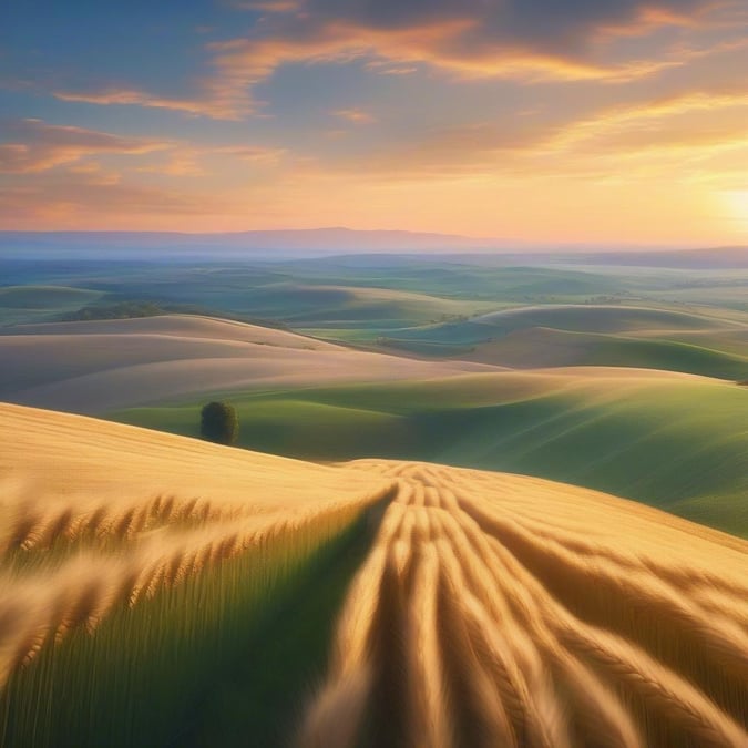 A serene landscape of golden wheat fields during the warm glow of a sunset, capturing the tranquility and beauty of rural countryside.