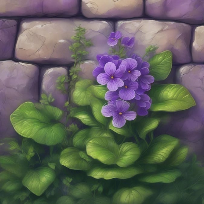 A beautiful and serene wallpaper featuring purple flowers with green leaves set against a stone wall backdrop.