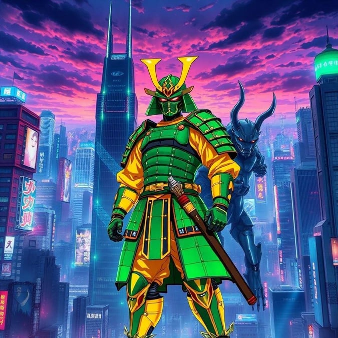 This anime-style illustration depicts a samurai warrior standing tall in a futuristic cityscape, showcasing a striking contrast between its vibrant green and yellow body and the mechanical demon.