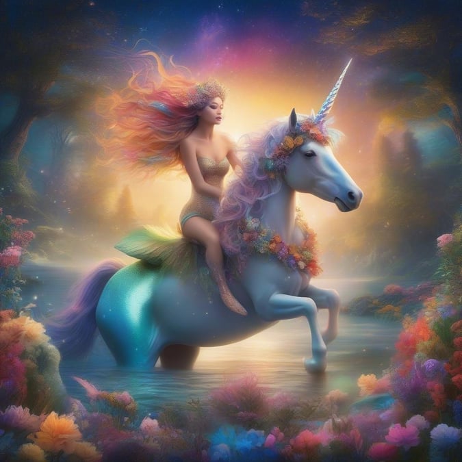 A whimsical fantasy scene where a princess from an otherworldly realm rides a majestic unicorn through a magical forest. Perfect for children and adults alike to escape into a dreamlike world.