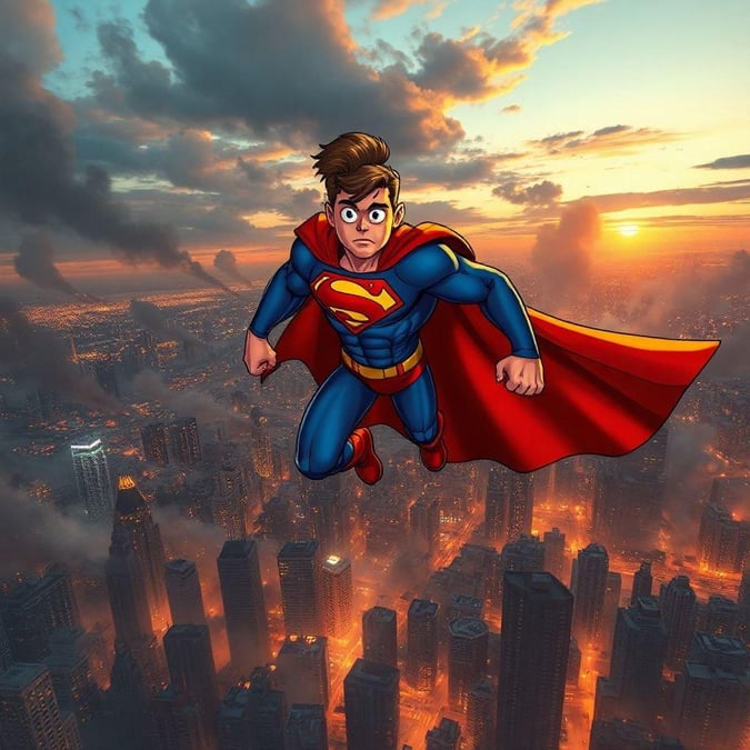 Superman soaring through the city, a classic cartoon favorite.