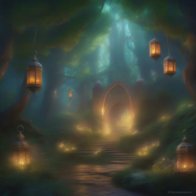 A mystical forest path during the sacred month of Ramadan, leading to a temple-like structure, illuminated by lanterns for the celebration of Eid.