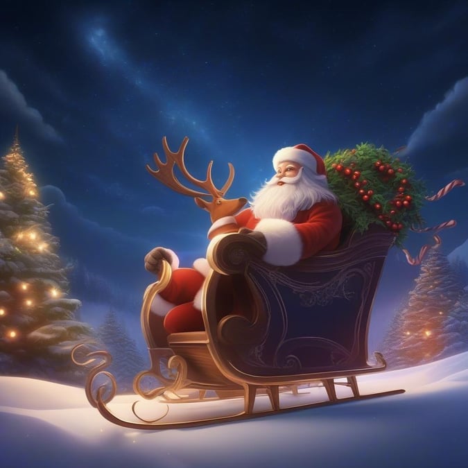 Get into the festive spirit with this stunning winter wallpaper, featuring Santa Claus and his reindeer in a serene snowy landscape.