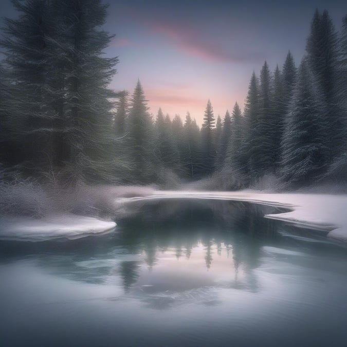 An idyllic winter scene, with the tranquil stillness of a snow-covered forest at dusk. The river mirrors the sky and adds to the quiet charm of the image.