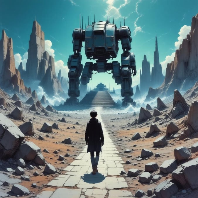 A mysterious encounter in an abandoned wasteland where a lone figure faces giant robotic samurai. A scene of desolation meets futuristic grandeur.